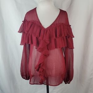 Doe & Rae sheer maroon ruffled long sleeve blouse in size small